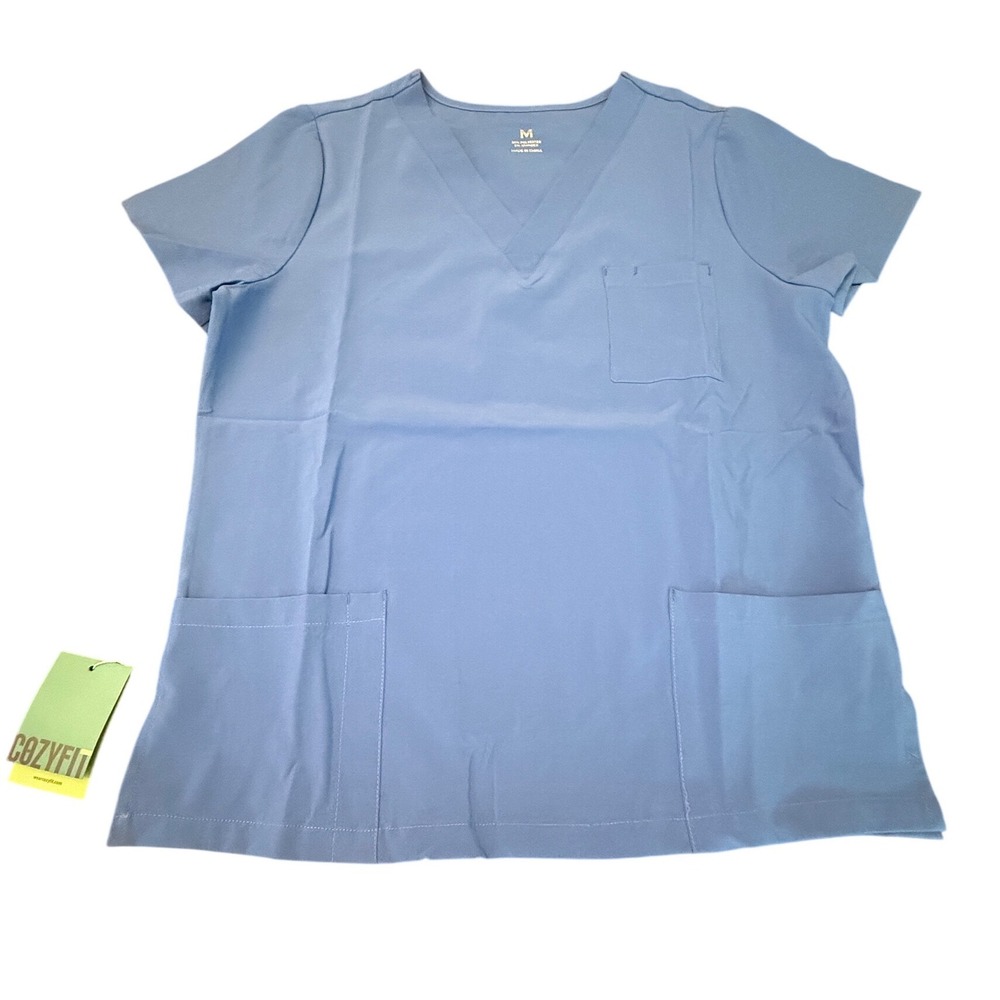 Cozyfit Womens V-Neck Scrub Top Light Blue Short Sleeve 3-Pocket Medical Size M